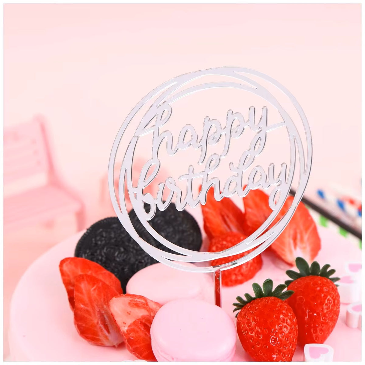 Topo de Bolo Happy Birthday circular -Acrílico