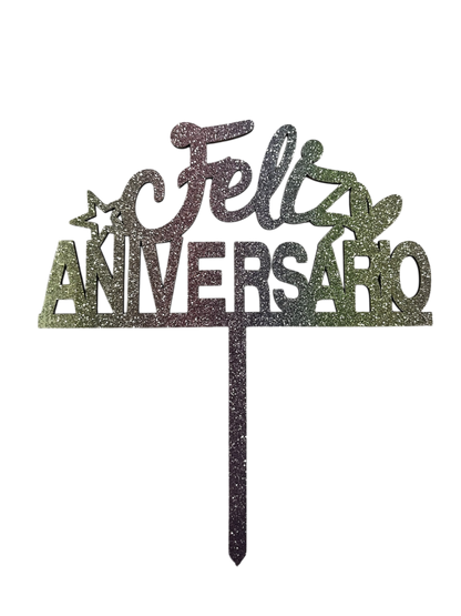 Topo de Bolo Feliz Aniversario  - MDF estrela-coração