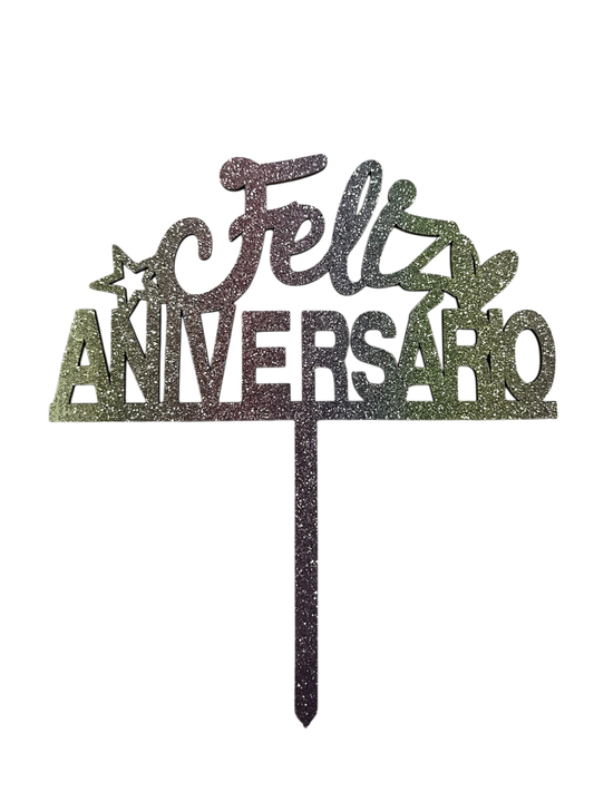 Topo de Bolo Feliz Aniversario  - MDF estrela-coração
